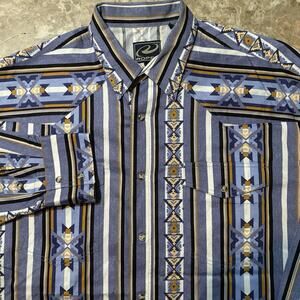 Roper Western Shirt Mens Large Blue Pearl Snap Long Sleeve Aztec Navajo Rodeo